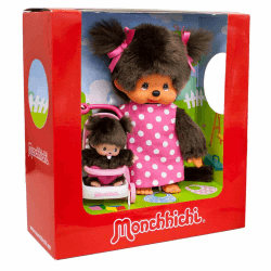 Sekiguchi 254930 - Original Monchhichi Mutter mit Kind im Kinderwagen, Plüschfigur mit Pünktchenkleid und zwei Zöpfen mit pinker Schleife, ca. 20 cm großes Kuscheltier aus braunem Plüsch Angebot bei HelloDeals
