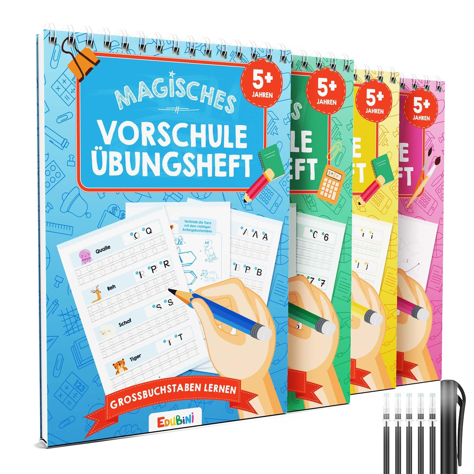 Magische Vorschule Übungshefte ab 5 Junge & Mädchen - [4 Hefte + Stift] - Wiederverwendbare Schreiblernhefte für Vorschule - Buchstaben lernen, Schreiben lernen, Zahlen lernen 4er Set