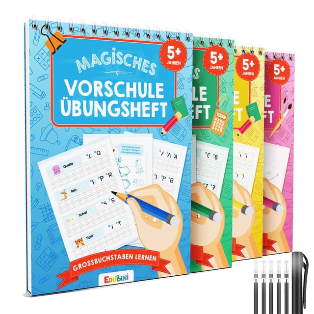 Magische Vorschule Übungshefte ab 5 Junge & Mädchen - [4 Hefte + Stift] - Wiederverwendbare Schreiblernhefte für Vorschule - Buchstaben lernen, Schreiben lernen, Zahlen lernen 4er Set