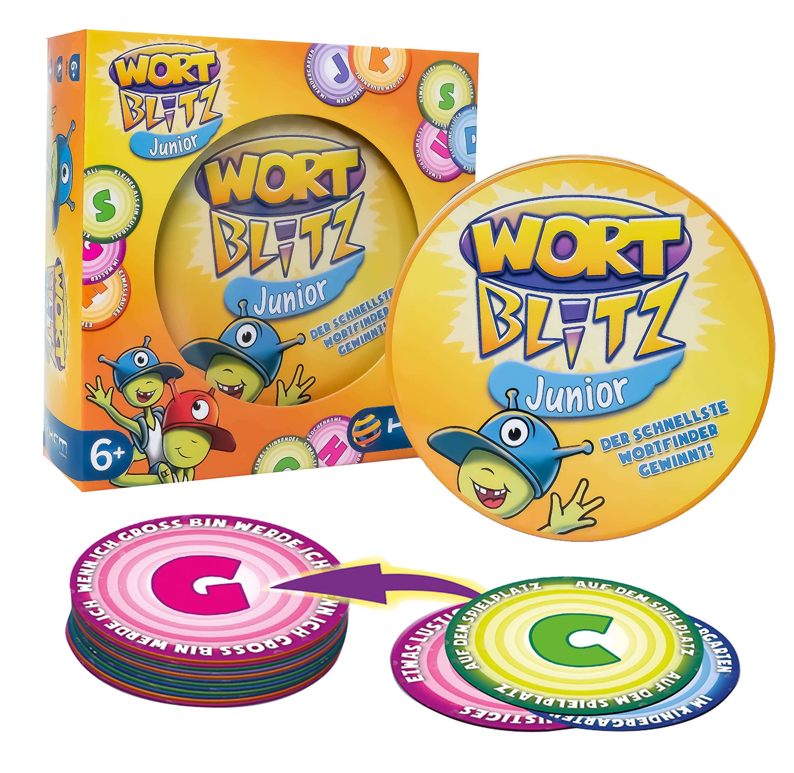 HCM Kinzel Wortblitz Junior witzige Kartenspiel für Kinder ab 6 Jahren, ideal zum Buchstabenlernen und Begriffe raten, perfekt für Schule, Familie und unterwegs