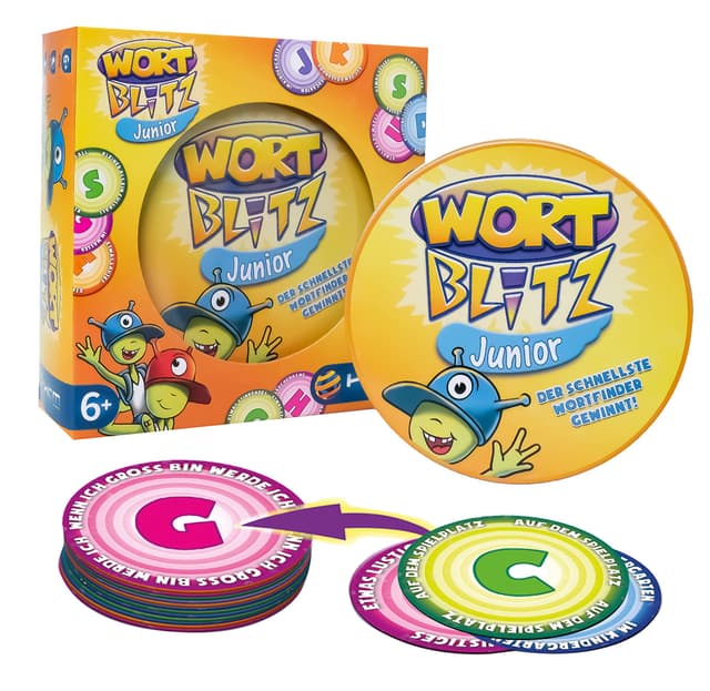 HCM Kinzel Wortblitz Junior witzige Kartenspiel für Kinder ab 6 Jahren, ideal zum Buchstabenlernen und Begriffe raten, perfekt für Schule, Familie und unterwegs