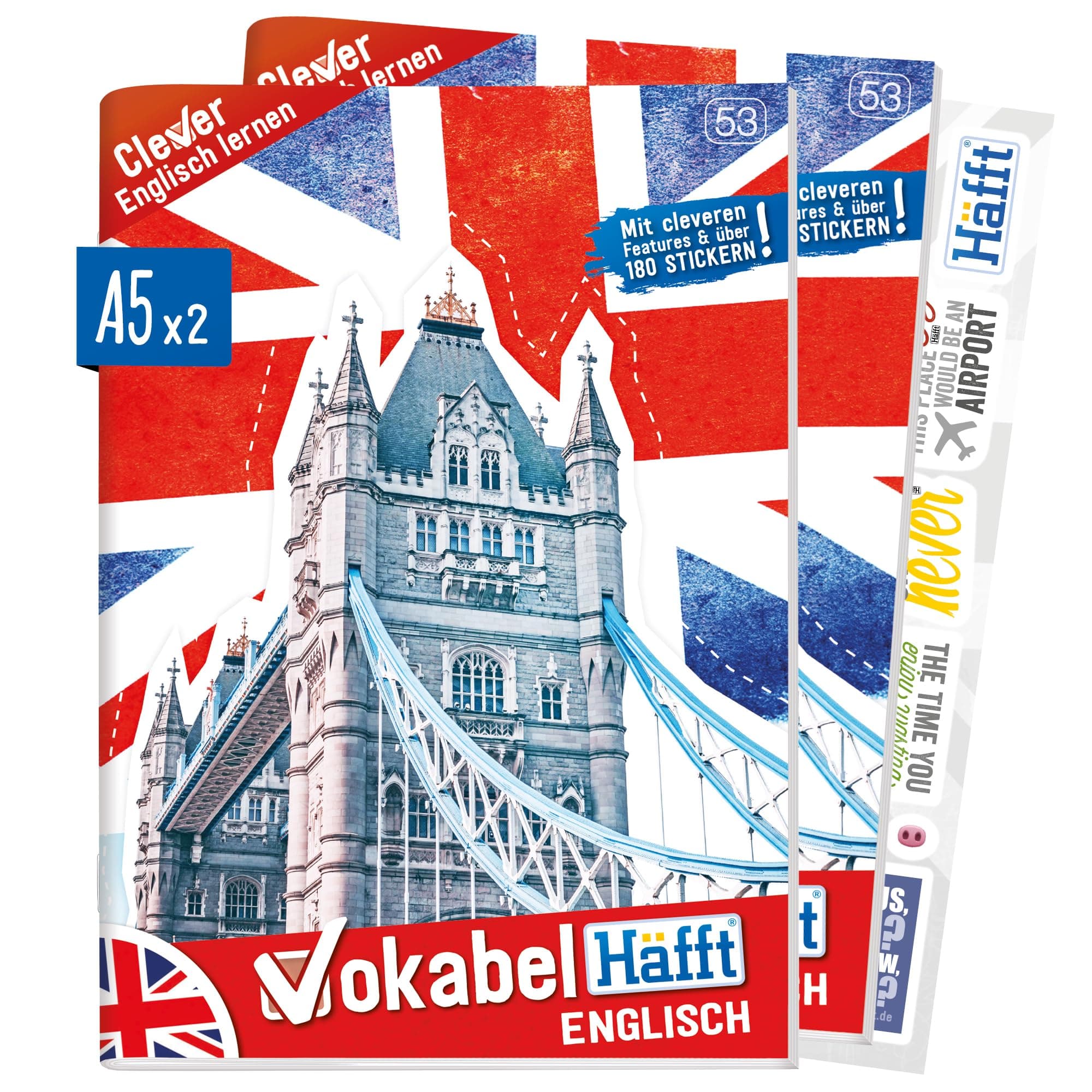 Häfft® 2 x Englisch Vokabelheft A5 mit 2 Spalten, liniert 64 Seiten - mit Sprüchen, Infos zu Kultur und Umgangssprache, Grammatik, Lernkontrollsystem, Stickern u.v.m