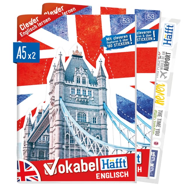 Häfft® 2 x Englisch Vokabelheft A5 mit 2 Spalten, liniert 64 Seiten - mit Sprüchen, Infos zu Kultur und Umgangssprache, Grammatik, Lernkontrollsystem, Stickern u.v.m
