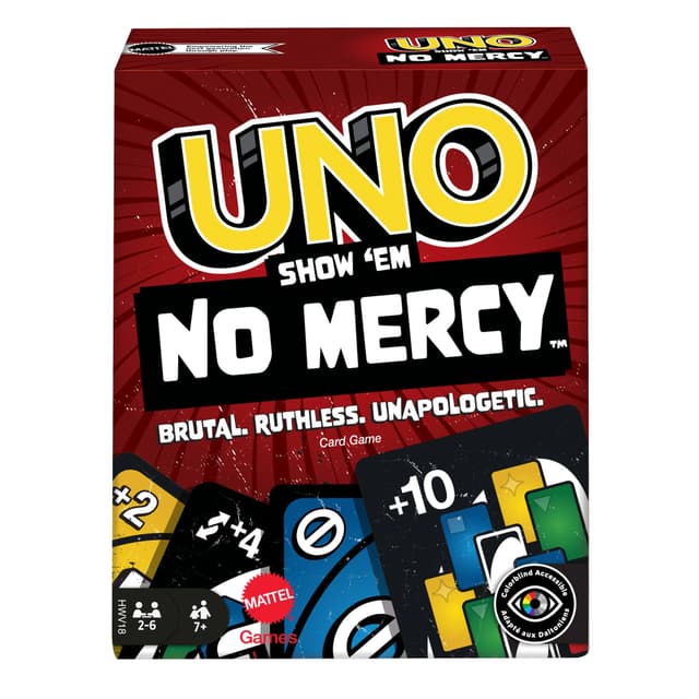 Mattel UNO Show 'em No Mercy - 56 zusätzliche Karten, harte Aktionskarten und brutale Spielregeln für die gnadenloseste Version, Stapelregel und Handkartentausch, ab 7 Jahren, HWV18