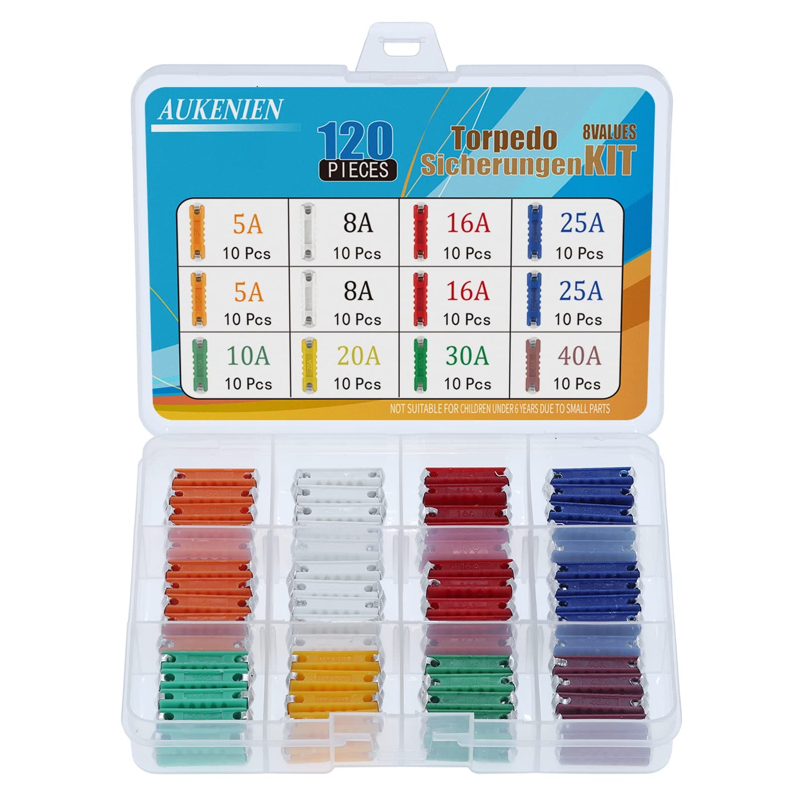 AUKENIEN 8 Values 120pcs Torpedosicherungen 5A 8A 10A 16A 20A 25A 30A 40A Torpedo Sicherungen Traktor Keramik Set Abschmelzsicherung Torpedosicherung Keramiksicherung für Oldtimer