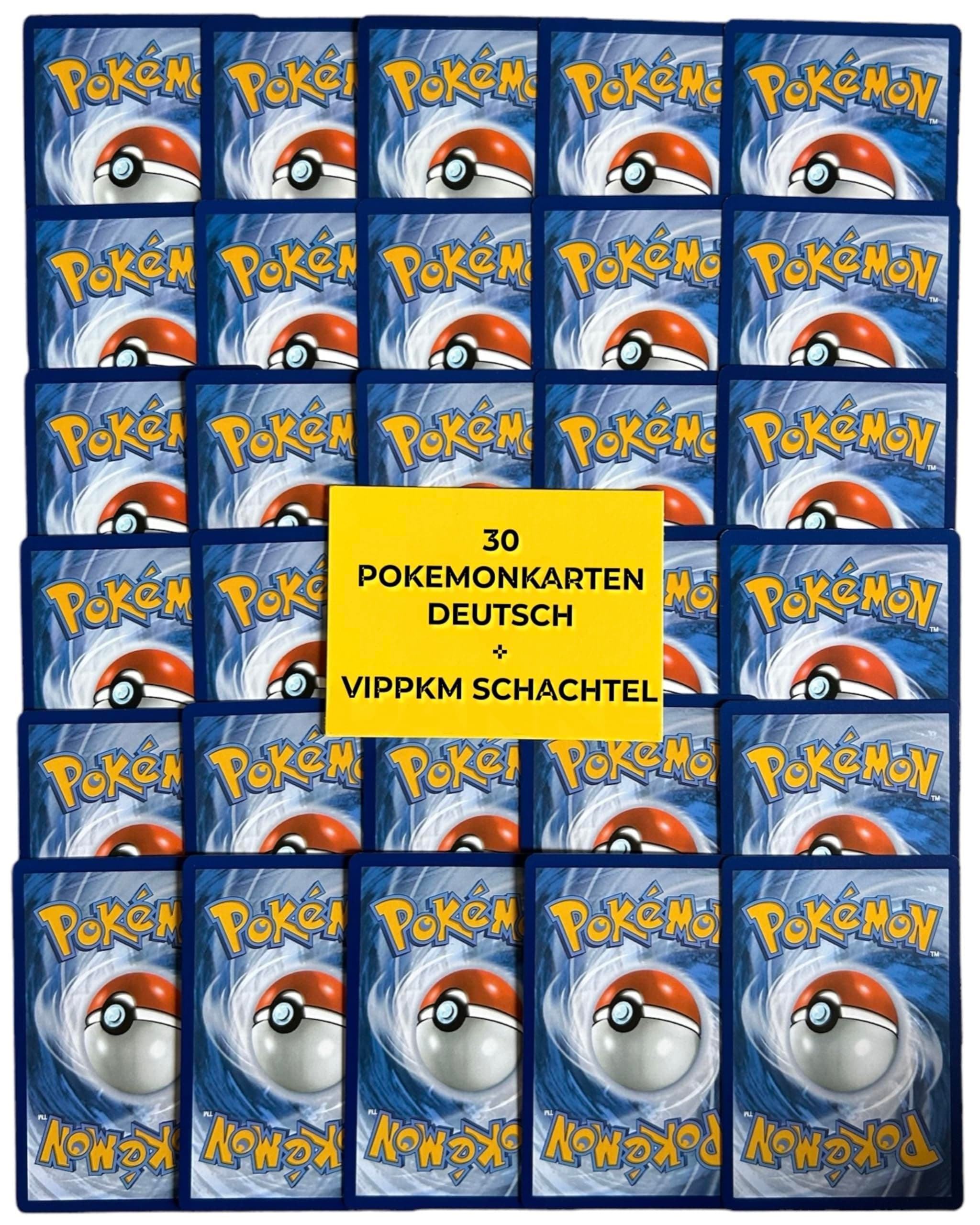 VIPPKM 30 Karten Paket original in deutsch - Versand in nachhaltiger Box kompatibel mit Pokemonkarten - Geschenk Set inkl. Holo Pokemon Sammelkarten - neu