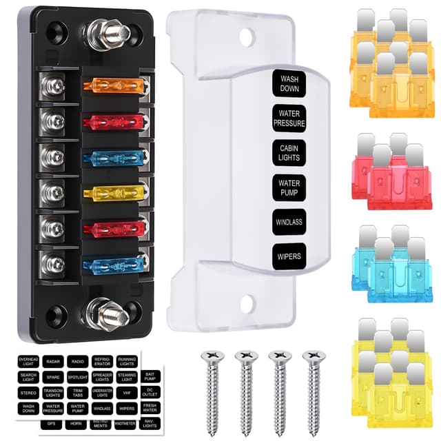 Gaethra Sicherungshalter 12 Volt, 6 Fach KFZ Sicherungshalter, 12V Sicherungskasten mit 12pcs Flachsicherungen, ATC/ATO Sicherungskasten mit Positiven Negativen für Auto Boot SUV