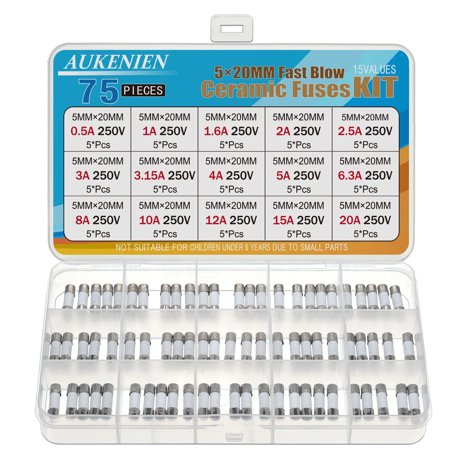 AUKENIEN 5x20MM Flinke Keramik Sicherungen 15 Wert 0,5A 1A 1,6A 2A 2,5A 3A 3,15A 4A 5A 6,3A 8A 10A 12A 15A 20A 250V Keramiksicherungen Sortiment Kit 5x20 Keramik Sicherungen "F"