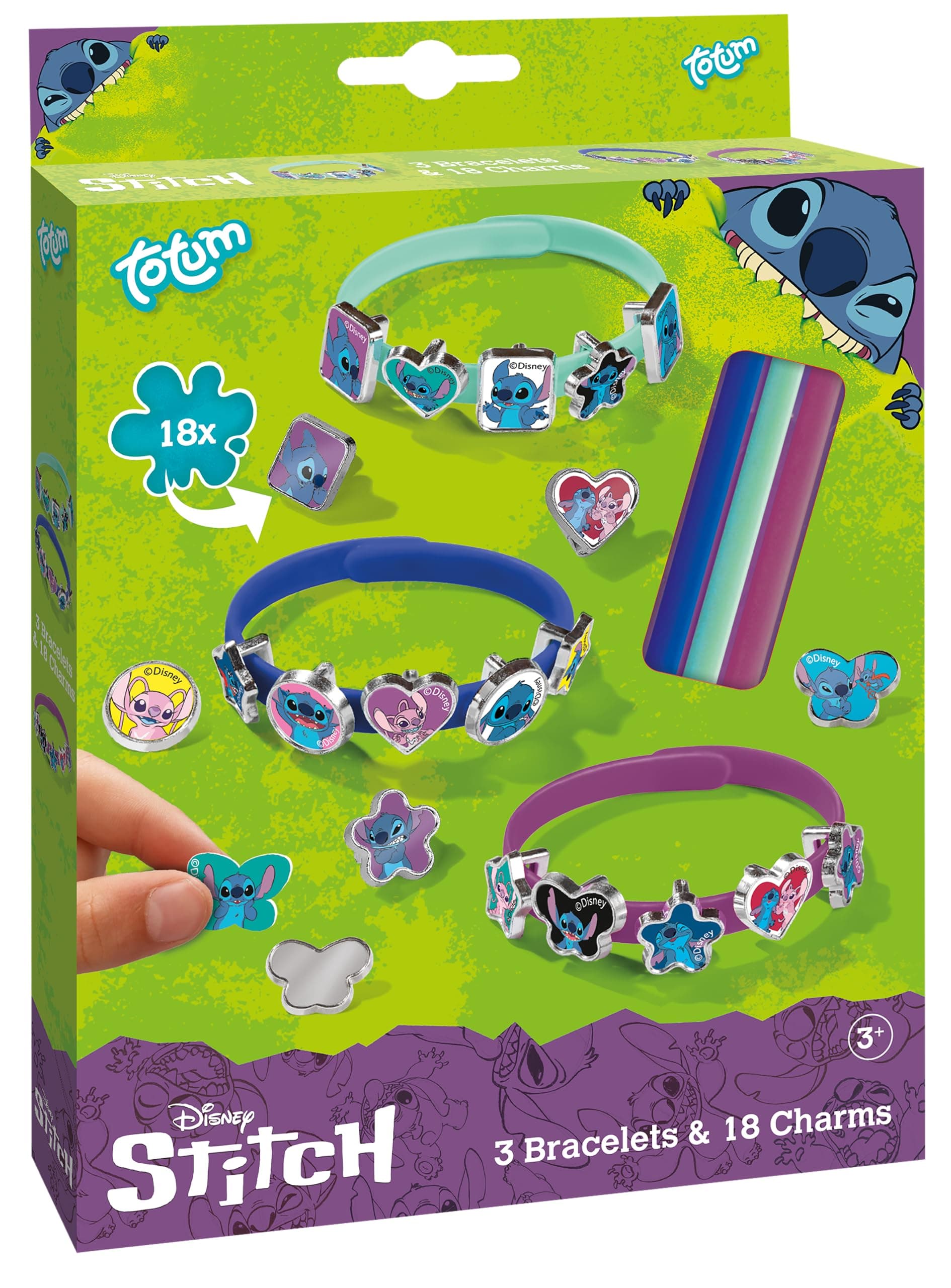 TM ESSENTIALS Stitch Armband-Set mit 18 Charms für Kinder | Charm-Armbänder in Gelb, Blau und Rot zum kreativen Selbstgestalten – Einzigartiger Schmuckspaß mit süßen Stitch-Motiven