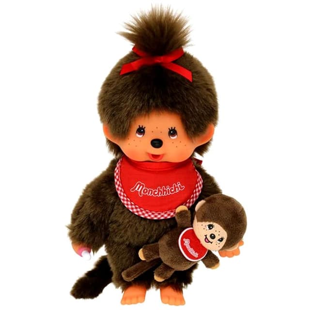 Sekiguchi 242184 - Original Monchhichi Mädchen mit Mini-Monchhichi, Plüschfigur mit rotem Lätzchen und Schleife im Haar, ca. 20 cm großes Kuscheltier aus braunem Plüsch, Braun