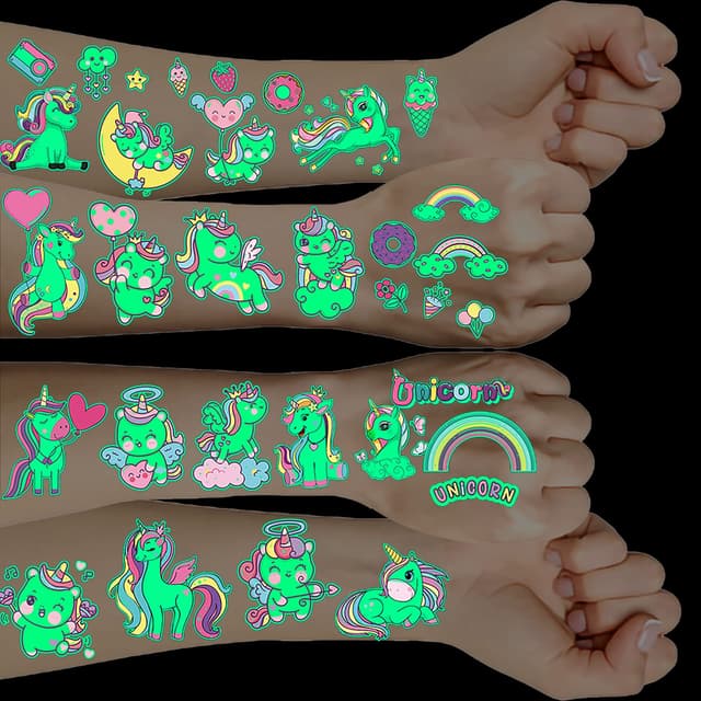 Einhorn Tattoo 10 Blätter, Geschenke für Mädchen ab 5 6 7 8 9 Jahre, Leucht Kindertattoos Mitgebsel Kindergeburtstag, Glitzertattoos Spielzeug, Schultüte Füllung, Einschulung Mädchen, Schulanfang Deko Einhorn Leuchtend