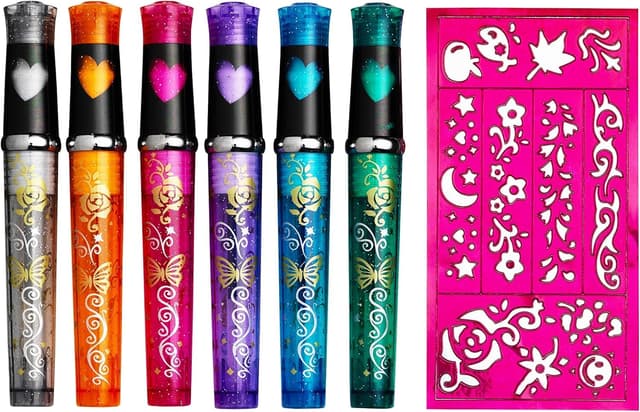 Panduro Tattoo Stifte Kinder 6er Set, Glitzer Tattoo Stifte Kinder, Hautfreundlich, 1 Schablone mit unterschiedlichem Muster, Perfekt für Mädchen, Geschenk, Geburtstagsfeiern, Karneval und Weihnachten