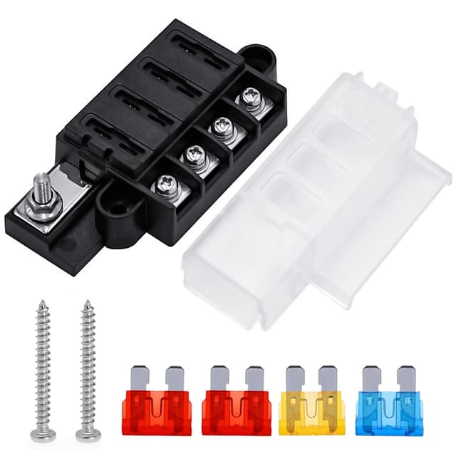 4-Wege-Flachsicherungsblock 12V Sicherungshalter Sicherungsträger mit 4pcs Standard Flachsicherungen (5A 10A 10A 15A) für Automobile, PKW, LKW, Boot, Marine, Wohnmobil 4-Fach-B