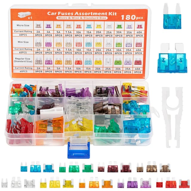 180 pcs Kfz Sicherungen Set, Auto Sicherungen Set, Micro sicherungen Auto, Mini Flachsicherungen, Standard, 1 Sicherungszieher-für PKW/Motorrad/Wohnmobil(2A-40A）