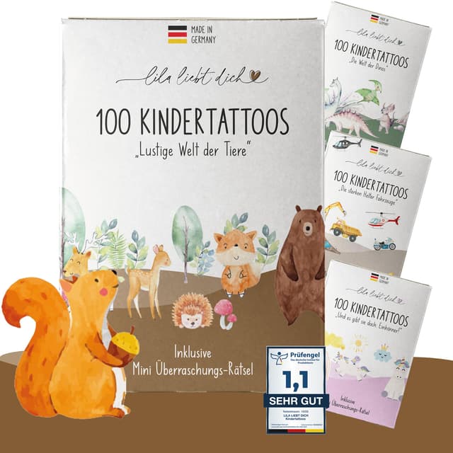 lila liebt dich® 100 angesagte Kindertattoos mit Tieren – hautfreundlich & getestet – Tattoos für Mädchen & Jungen – Made in Germany Lustige Tiere