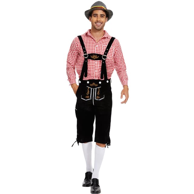 IEEILULU Oktoberfest Herren Outfit, Deutsch Bayern Oktoberfest Kostüm Herren Set mit Abnehmbarem Lätzchenträger, Karierten Hemden, Kniesocken und Bayerischen Filzhüte