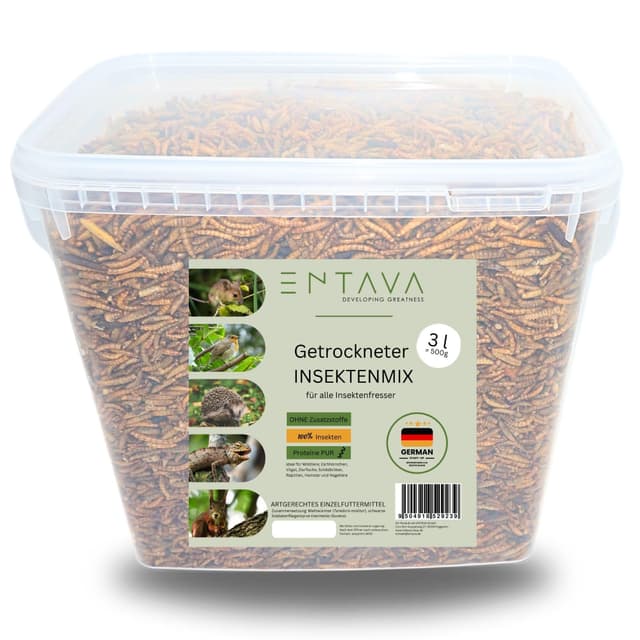 ENTAVA 3l nachhaltiger Insektenmix getrocknet in Premium-Qualität, Vogelfutter, Koifutter, Igelfutter, Eichhörnchenfutter, ganzjähriges Futter für Wildvögel