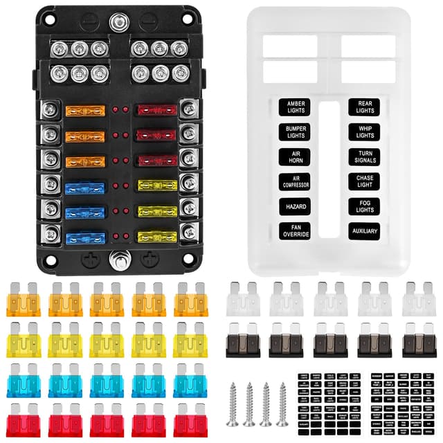 LustLocke Sicherungshalter für 12V/24V, KFZ Sicherungskasten mit 12 ATC/ATO Flachsicherungen, ohne LED-Anzeige, positiver & negativer Anschluss, für Auto, LKW, SUV, Boot (12 Fach)