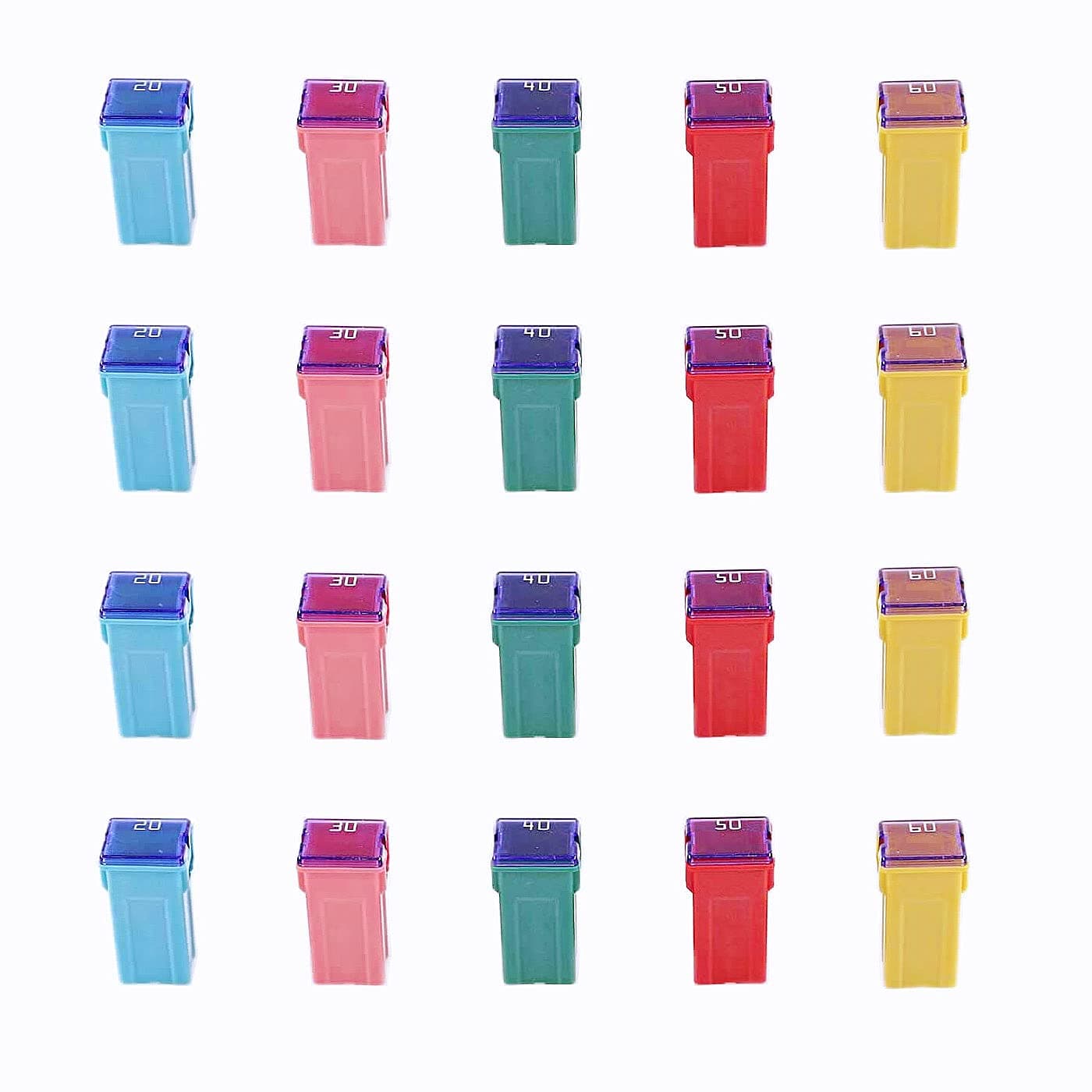 HUAZIZ 20 Stück Jcase Blocksicherung Mini Auto Sicherung 20A/30A/40A/50A/60A, Standard Automotive Low Profile Box Shaped Mini Fuse Assortment Kit for Pickup Trucks, Cars and SUVs H044