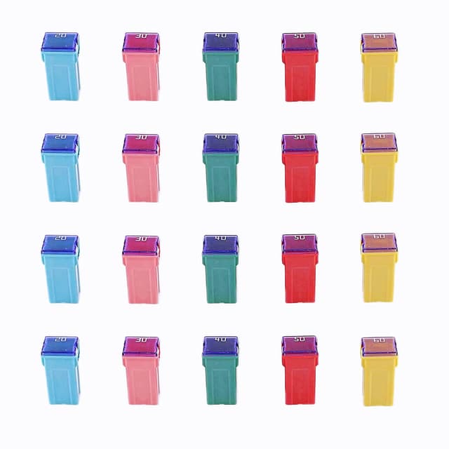 HUAZIZ 20 Stück Jcase Blocksicherung Mini Auto Sicherung 20A/30A/40A/50A/60A, Standard Automotive Low Profile Box Shaped Mini Fuse Assortment Kit for Pickup Trucks, Cars and SUVs H044