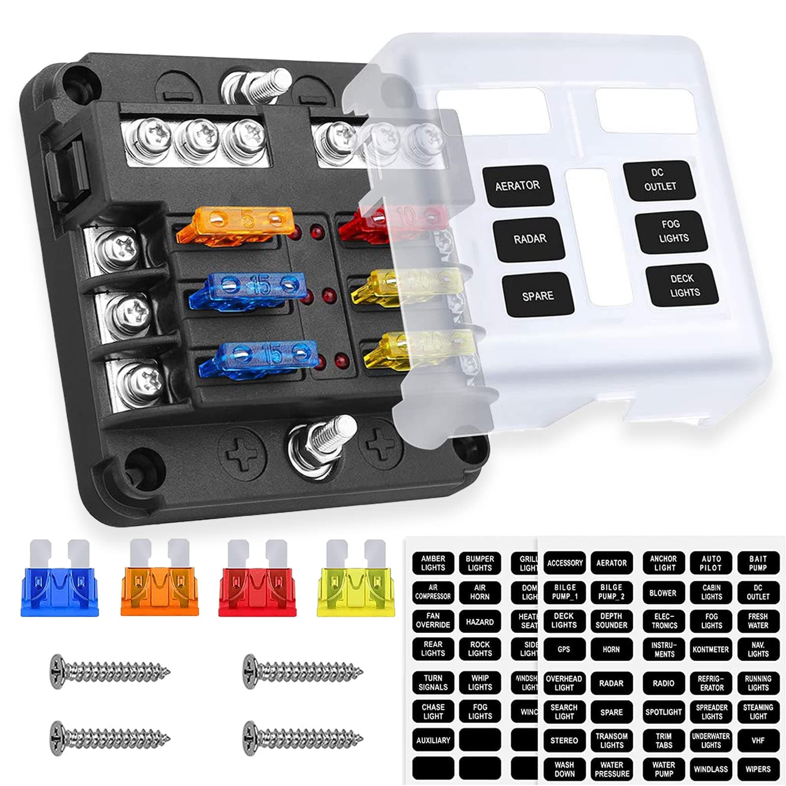 Lpluziyyds 6-Wege-Flachsicherungsblock, 12 V, mit LED-Lichtanzeige und Schutzabdeckung für Auto, Boot, Trike, Auto, LKW, Fahrzeug, SUV, Yacht, RV