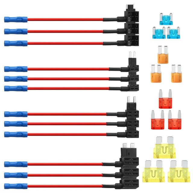 12 Stück Stromdieb Kfz Sicherung Set Enthält Fuse Tap Adapter Standard Mini Mikro2 Niedriges Profil 4 Typen ATO ATC ATM APM Stromkreissicherungshahn Add-A-Circuit Fuse Tap für Auto Lkw Boot Motorrad