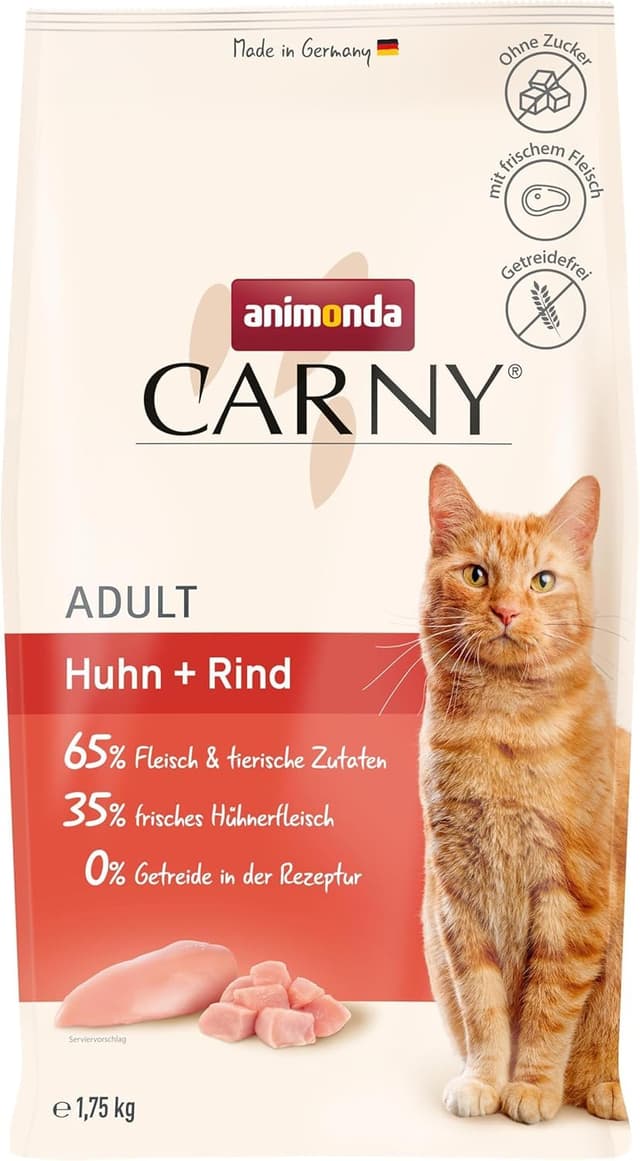 animonda Carny Katzen Trockenfutter Huhn und Rind (1 x 1,75 kg), Trockenfutter für ausgewachsene Katzen ohne Zucker und Getreide, mit frischem Hühnerfleisch und Rinderprotein Trocken Huhn + Rind Adult 1.75 kg (1er Pack)