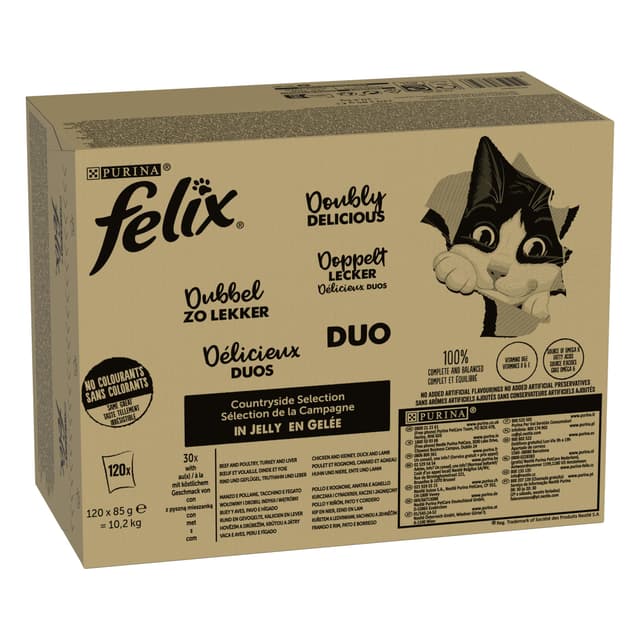 FELIX So gut wie es aussieht Doppelt Lecker Katzenfutter nass in Gelee, Sorten-Mix, 120er Pack (120 x 85g) Geschmacksvielfalt vom Land MP120