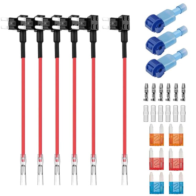 GUUZI 6 Stück 12V-24V ACS Klein Add-A-Circuit-Sicherungsadapter mit Kabelbaum,Klein Sicherungshalter mit 6 Stück Ersatzsicherungen(5A/10A/15A)+1 Stück Sicherungsabzieher ATS-6 Stück