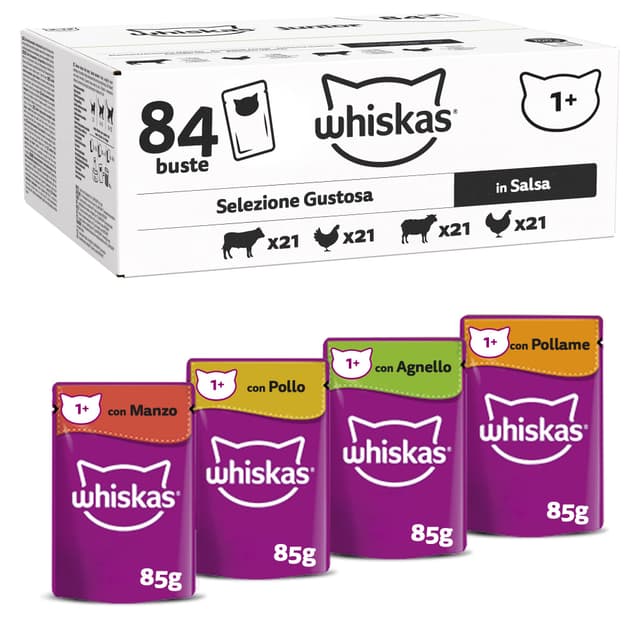 WHISKAS Adult 1+ Katzenfutter nass - ab 1 Jahr - 84x85g Portionsbeutel - Klassische Auswahl in Sauce - Katzen Nassfutter - Großpackung