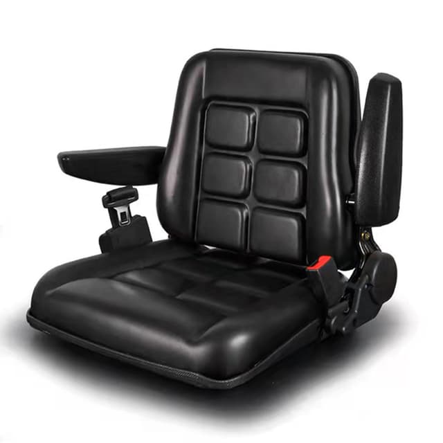 Universal Verstellbarer Gabelstaplersitz mit Sicherheitsgurt und Armlehne, verstellbare Rückenlehne und Gleitschiene, wasserdichter PVC-Mähersitz, für Traktor Bagger, Gabelstapler, Skid Loader, 18.5x16.5x19"