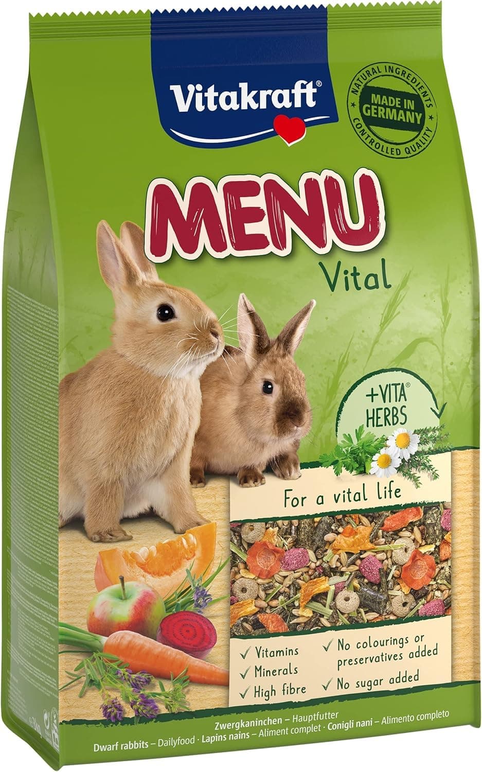 Vitakraft Menu Vital, Zwergkaninchen Futter, mit Luzerne, mit Apfel, mit Kürbis, angereichert mit Kräutern, ohne Zusatz von Zucker (1x 3kg) 3 kg (1er Pack)