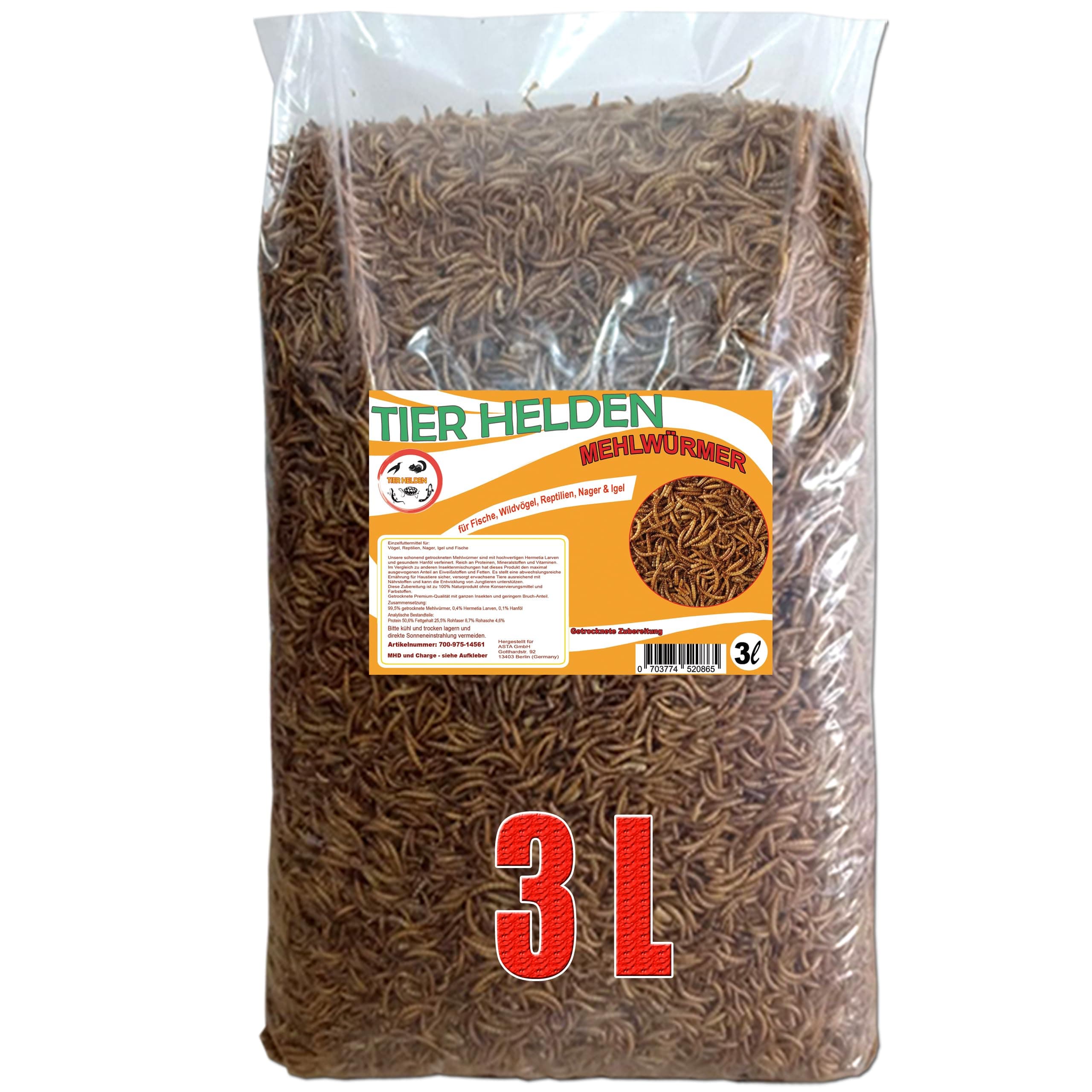 Mehlwürmer 3 Liter Premiumqualitätssnack geeignet für Vögel, Fische, Reptilien, Schildkröten, Igel, Nager, Wildtierfutter 3 l (1er Pack)