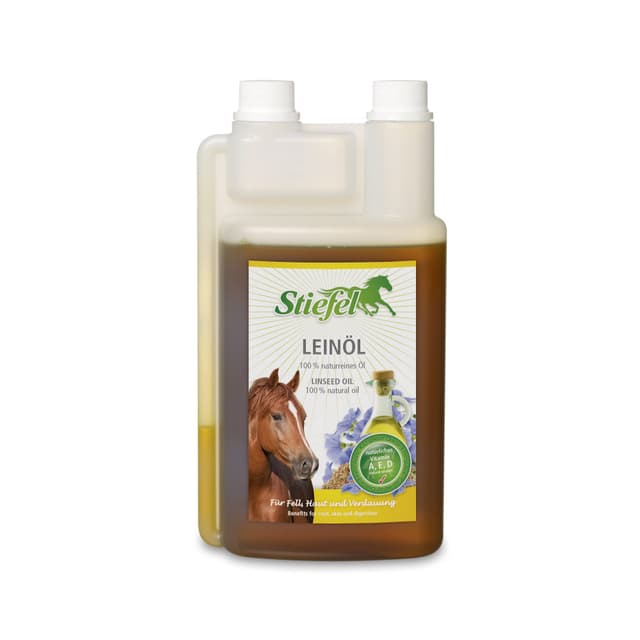 Stiefel Leinöl für Pferde, 100% naturreines Öl, kaltgepresst, unterstützt den Fellwechsel, die Verdauuung & Haut, flüssig mit Dosierflasche, 1l 1 l (1er Pack)