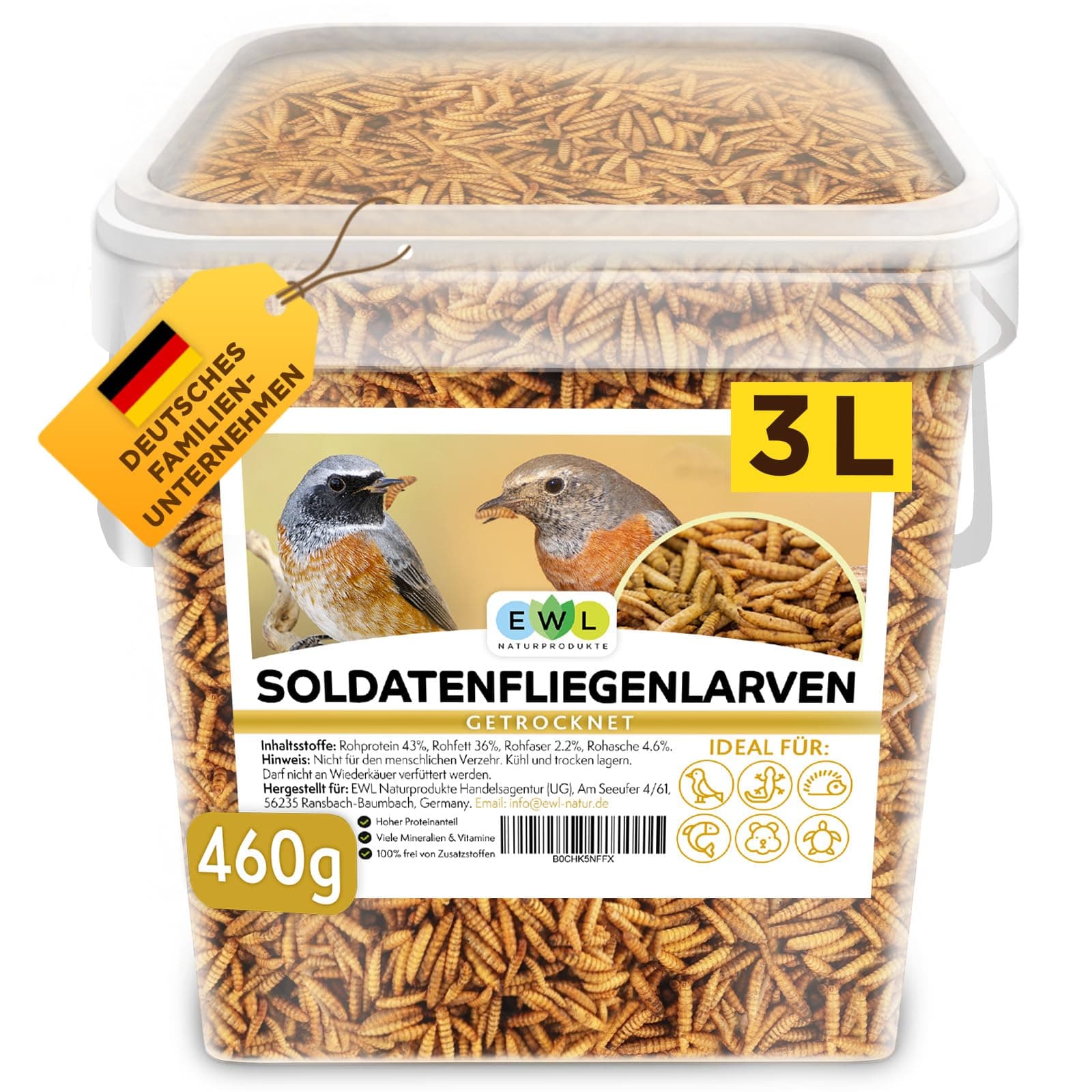 EWL Naturprodukte Soldatenfliegenlarven getrocknet 3 ltr. Premium Insektensnack Vögel, Fische, Schildkröten, Nager, Reptilien, Vogelfutter Wildvögel Ganzjährig Eichhörnchen Futter Igelfutter, 460g 460 g (1er Pack)