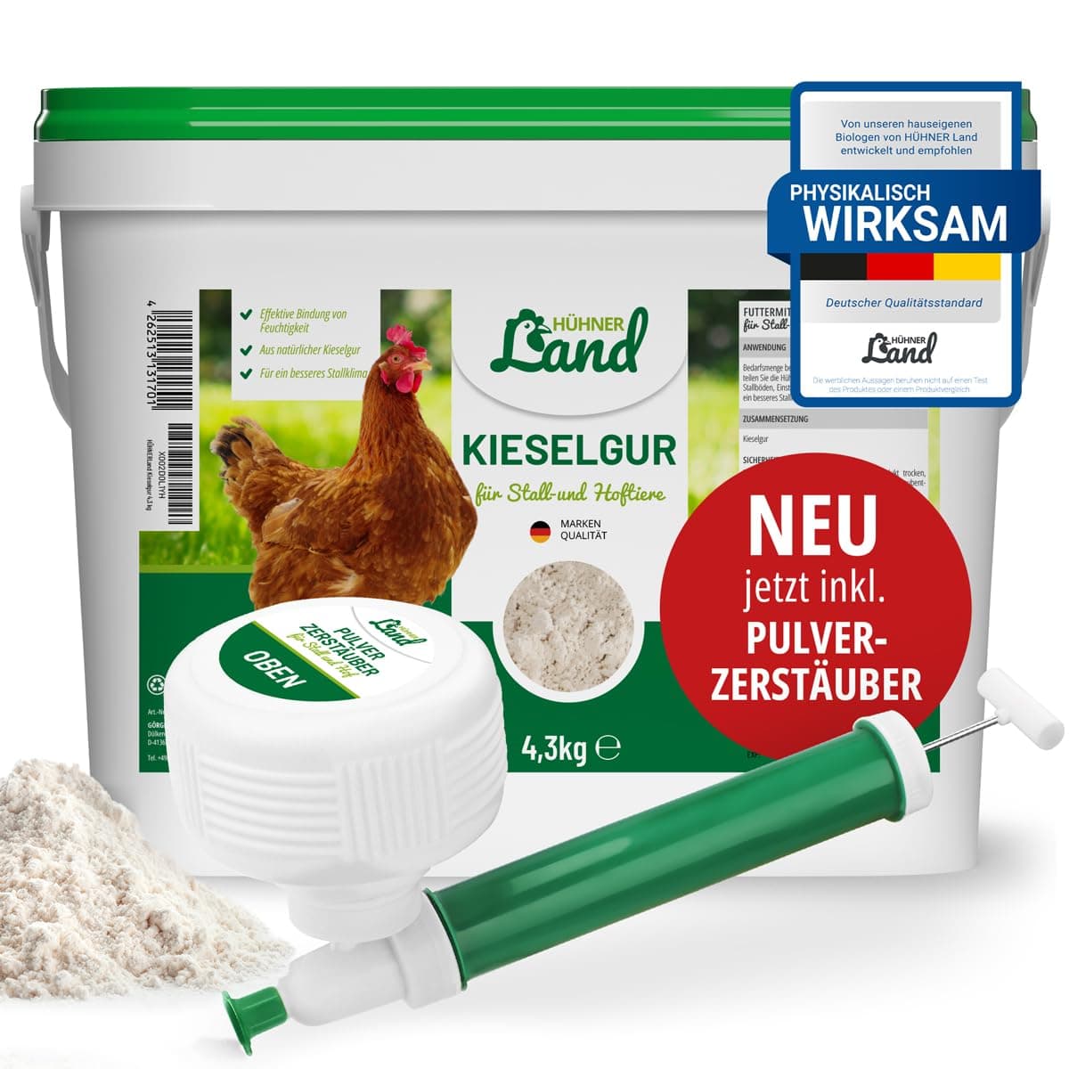 HÜHNER Land Kieselgur für Hühner 4,3kg INKLUSIVE Pulverzerstäuber - Reines Kieselgur Hühner Pulver, Kieselerde Pulver, Naturprodukt für Hühnerstall, Laborgeprüft für Geflügel Betriebe 4,3 kg