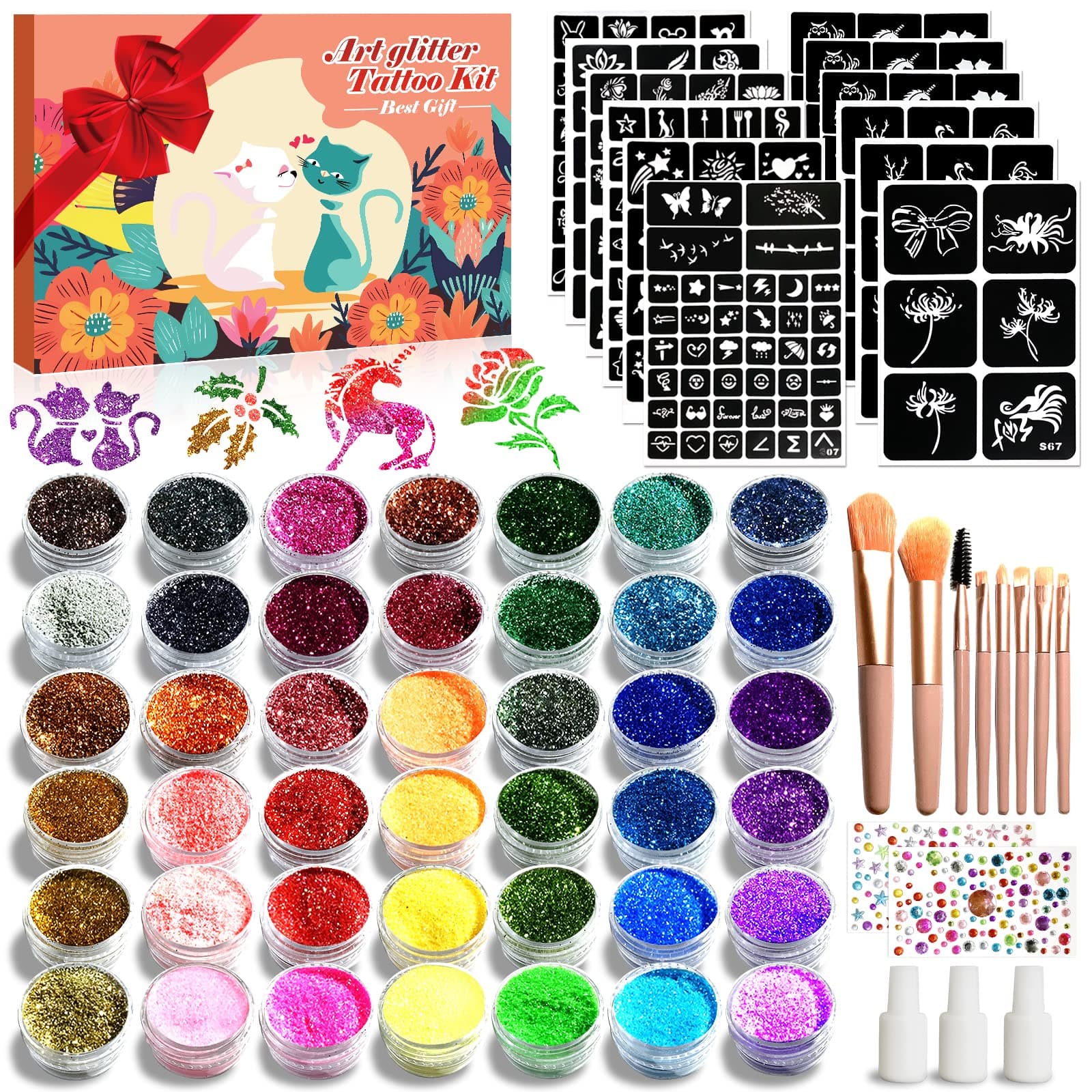 jingyuanli Glitzer Tattoo Set Kinder - 42 Farben Temporäre Glitzertattoos für Mädchen, 228 Schablonen, 8 Pinsel, 233 Strasssteine,3 Kleber, Fasching Glitzer Make-up-Kit,für Mädchen ab 3 Jahren Angebot bei HelloDeals