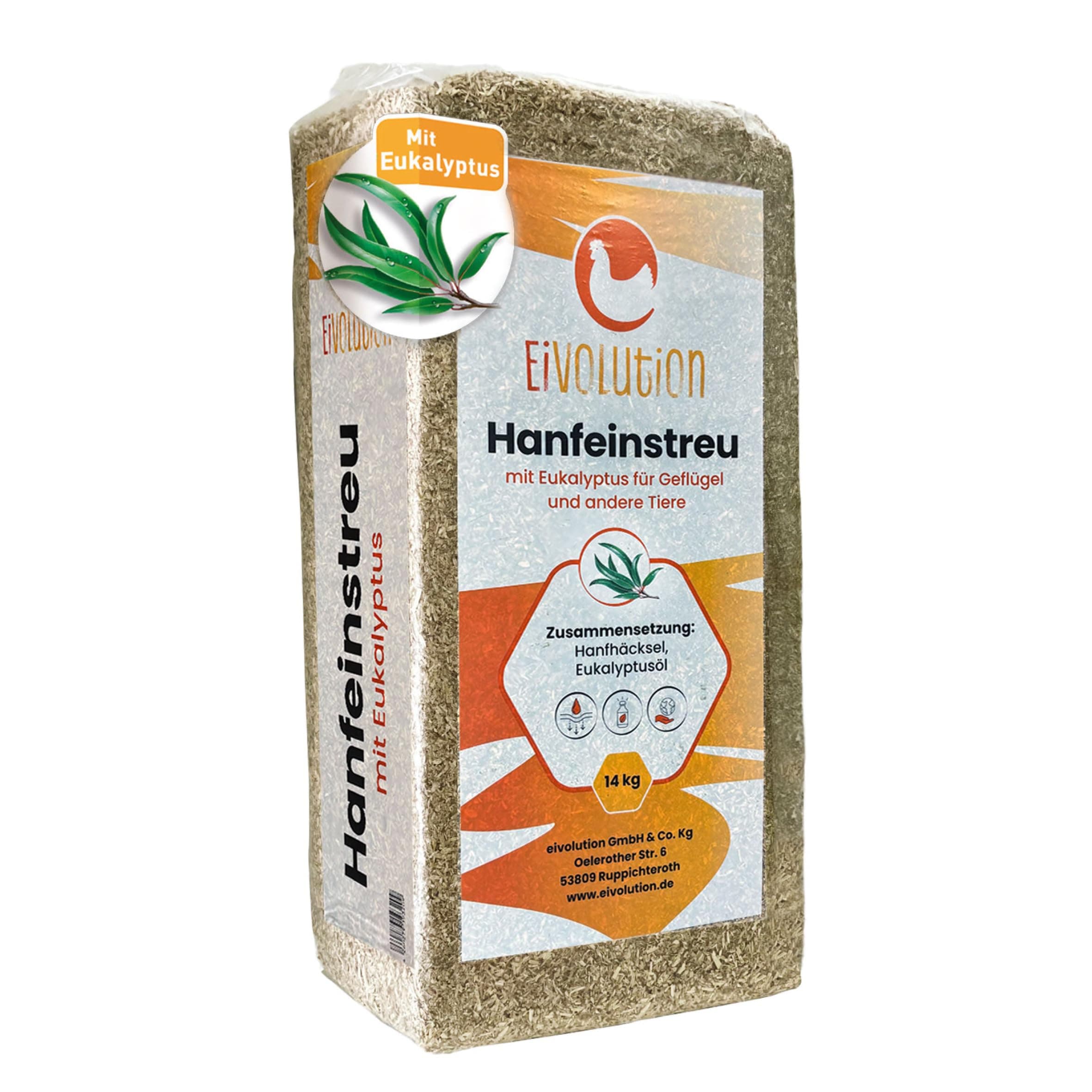 eivolution Hanfeinstreu mit Eukalyptus 14 KG - Staubfreie Einstreu für Hühner & Pferde - Extrem saugfähig - Nachhaltig für gesunde Ställe 14kg