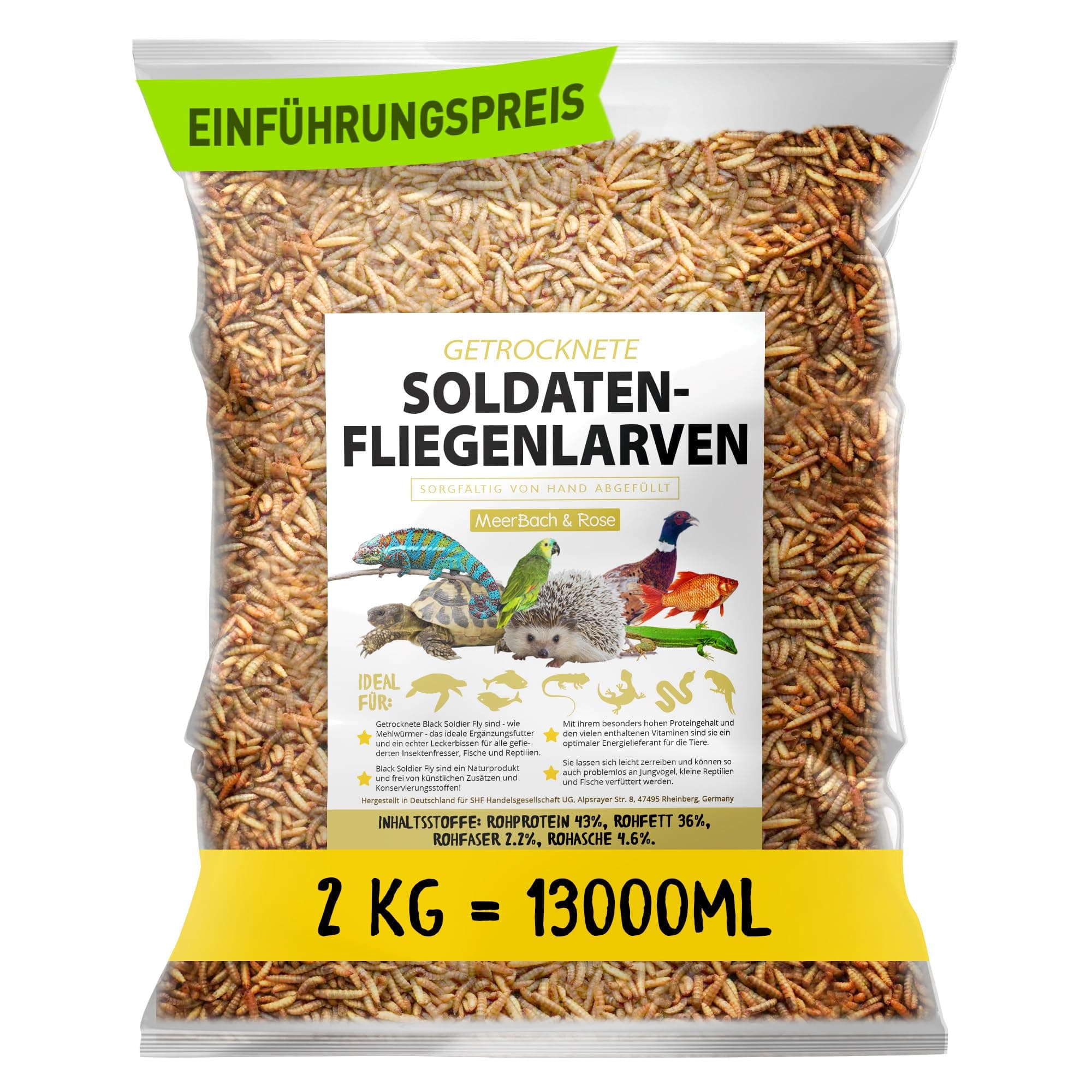 Soldatenfliegenlarven getrocknet 2kg (entspricht 13 Litern), Black Soldier Flys, Vogelfutter, Igelfutter mit Insekten, Fischfutter, proteinreicher Snack für Reptilien und Schildkröten