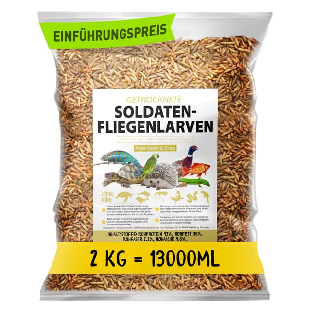 Soldatenfliegenlarven getrocknet 2kg (entspricht 13 Litern), Black Soldier Flys, Vogelfutter, Igelfutter mit Insekten, Fischfutter, proteinreicher Snack für Reptilien und Schildkröten