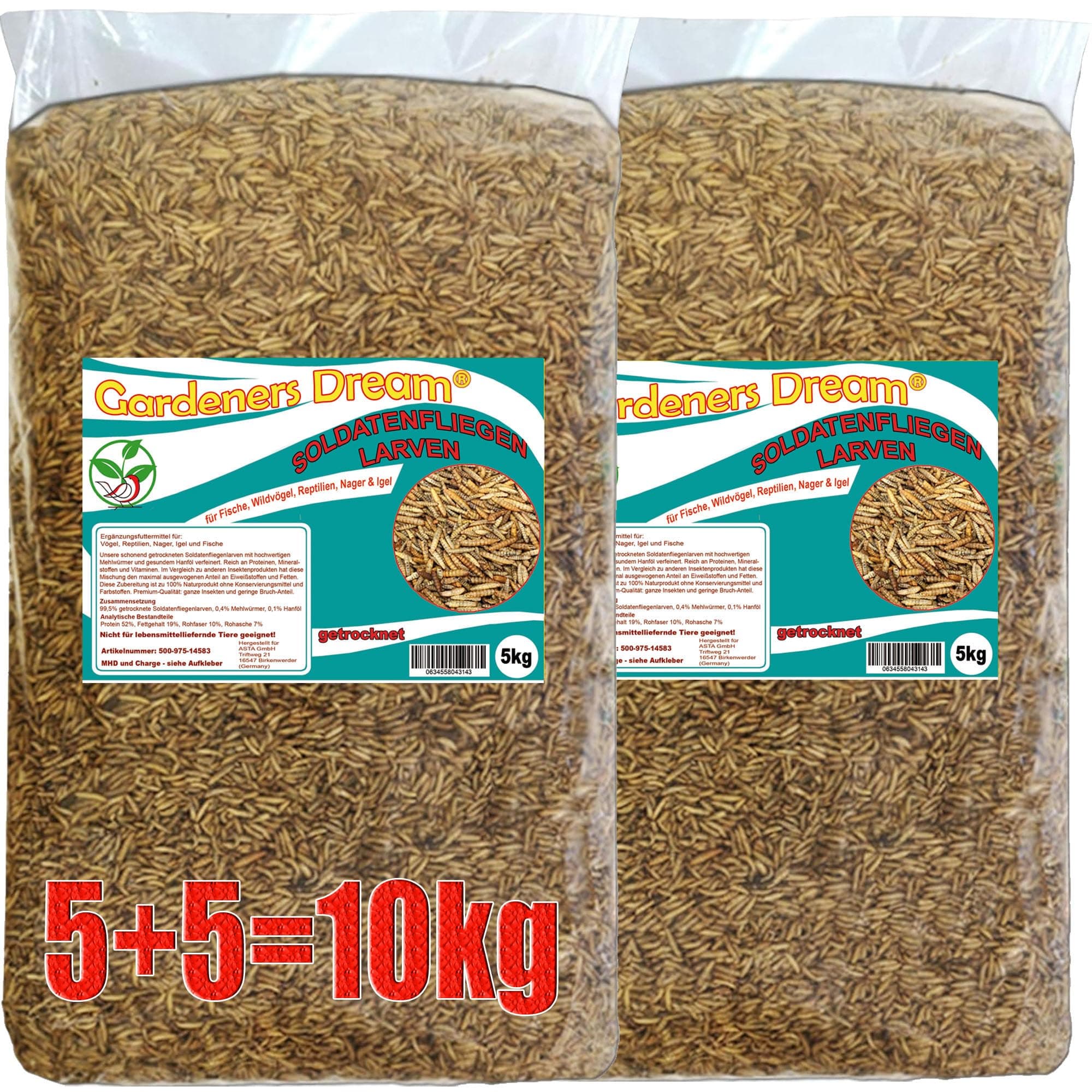 Gardeners Dream Soldatenfliegenlarven (Hermetia) getrocknet 5 + 5kg Packung, Black Soldier Fly, Protein- und fettreiches Wildvogelfutter, reich an Calcium und Laurinsäure