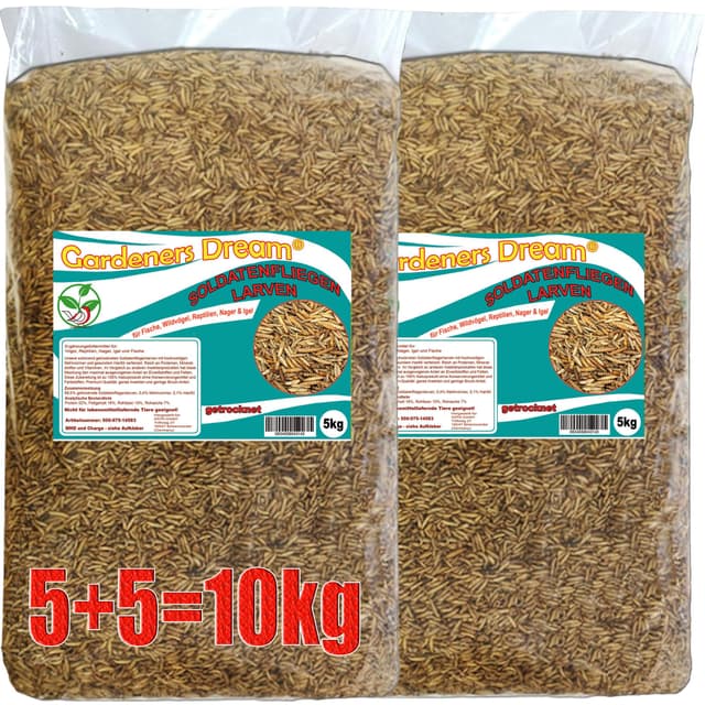 Gardeners Dream Soldatenfliegenlarven (Hermetia) getrocknet 5 + 5kg Packung, Black Soldier Fly, Protein- und fettreiches Wildvogelfutter, reich an Calcium und Laurinsäure