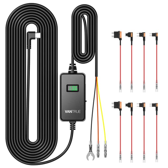 VANTRUE USB-C Display Hardwire Kit mit 3 Stufen, Acc Kabel für Dashcam, 11.6/23.6V, 12/24V, 12.4/24.4V zu 5V, Sicherungshalter mit Niederspannungsschutz, 24Std. Parkmodus