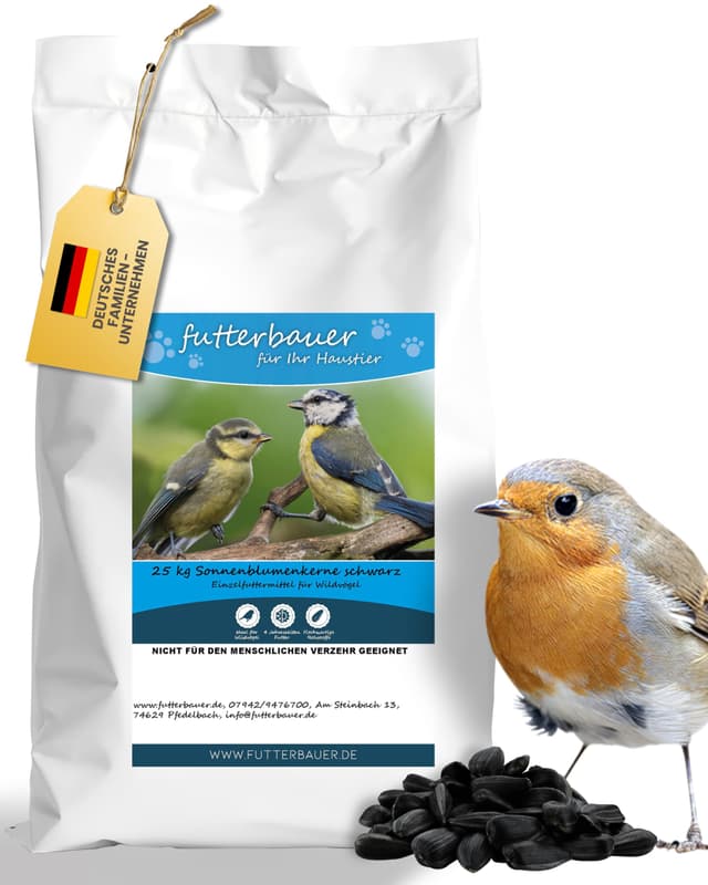 Futterbauer 25 kg Schwarze Sonnenblumenkerne im Papiersack für Vögel, 100% Natur, Hochwertige Energiequelle für Wildvögel, Hoher Fett- & Vitamin-E-Gehalt, Gereinigt & Getrocknet mit Schale, Ernte 2024