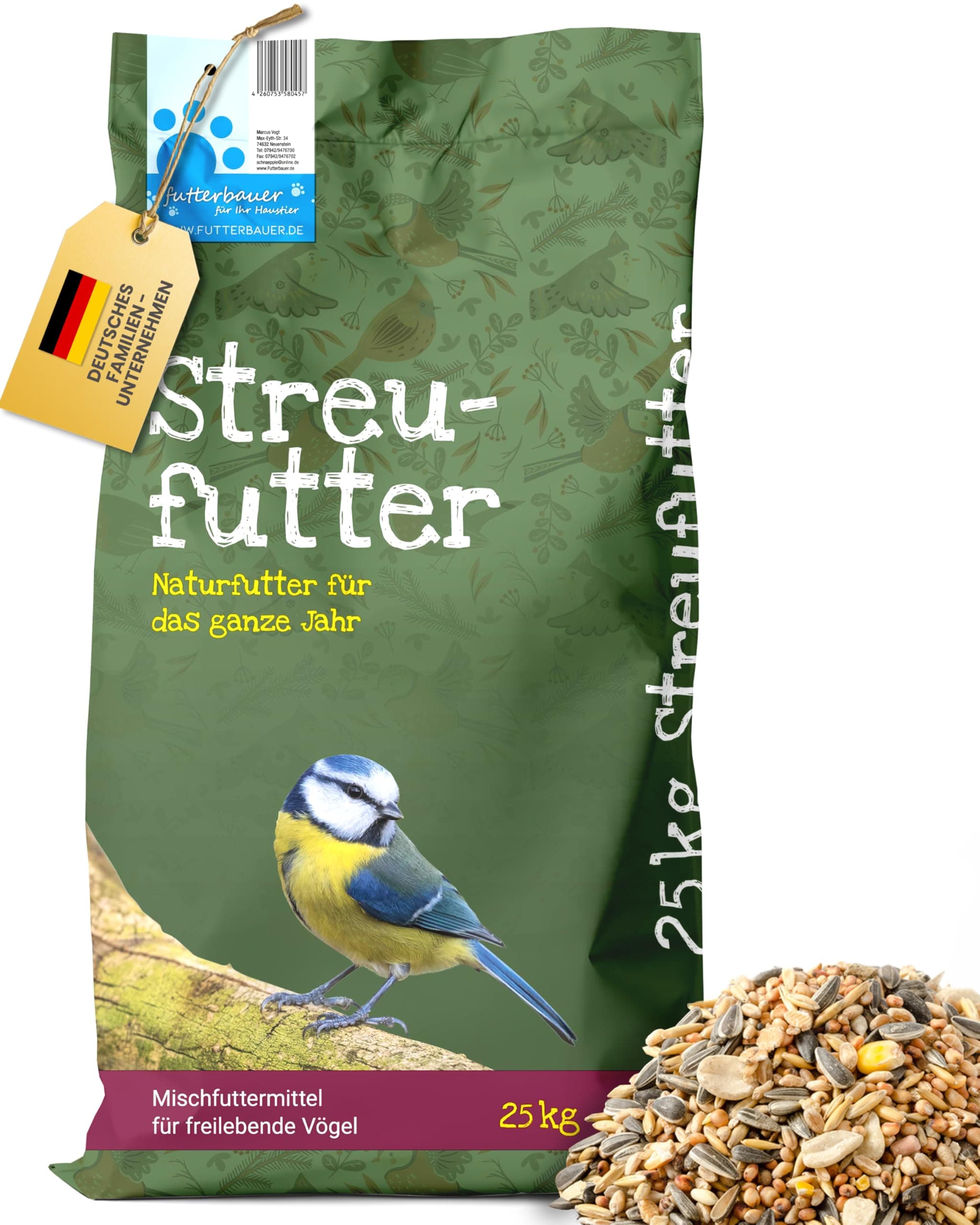 Futterbauer 25kg Winterstreufutter für Vögel, Premium Wildvogelfutter für den Winter, Energiereiches Streufutter für Wildvögel