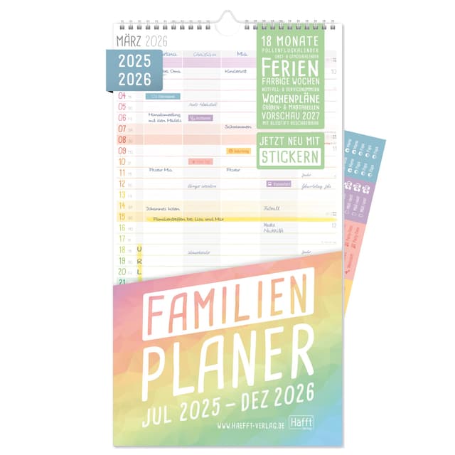 Häfft® Familienplaner 2025/2026 5 Spalten "Rainbow" Wandkalender für 18 Monate: Jul 25 bis Dez 26, Familienkalender Wandplaner - nachhaltig & klimafreundlich