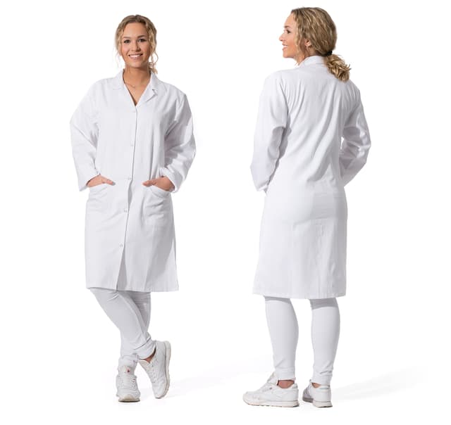 ZOLLNER Damen Laborkittel lang - Arztkittel mit praktischen Taschen und Druckknöpfen - Baumwolle - Größe 36 - waschbar bis 95°C - Oeko Tex® zertifiziert 36 Weiß