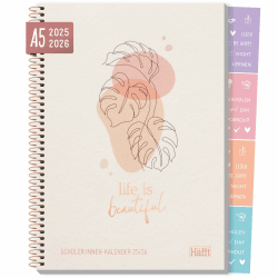 Häfft® College-Timer A5 2025/2026, Schülerplaner mit Sprüchen und Stickern "Life is beautiful" Schulplaner Hausaufgabenheft - nachhaltig & klimafreundlich