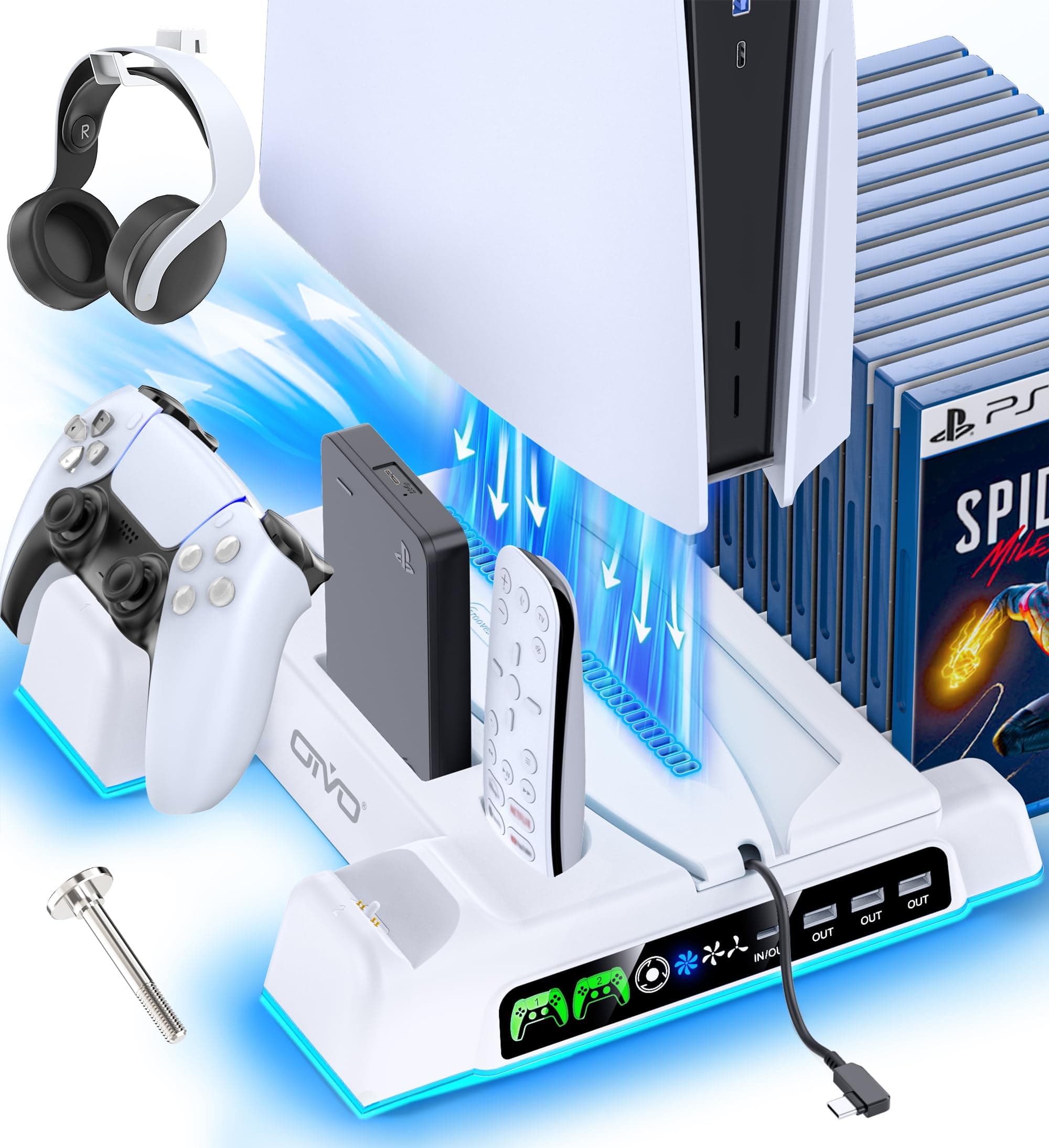 PS5/PS5 Slim/PS5 Pro Ständer mit 3 stufig Lüfter und Licht, PS5 Standfuß mit 4 USB Ports/Controller Ladestation/Headset Halter/Remote Steckplatz/14 Spiele Aufbewahrung für PS5 Zubehör Weiß