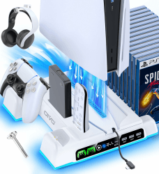 PS5/PS5 Slim/PS5 Pro Ständer mit 3 stufig Lüfter und Licht, PS5 Standfuß mit 4 USB Ports/Controller Ladestation/Headset Halter/Remote Steckplatz/14 Spiele Aufbewahrung für PS5 Zubehör Weiß Angebot bei HelloDeals
